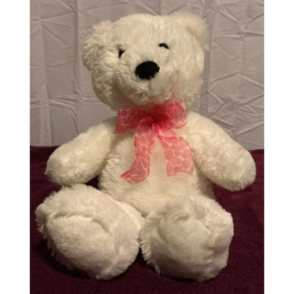 Aurora 15" Teddy Bear White Plush Stuffed Animal Pink Heart Bow